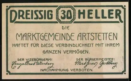 Notgeld Artstetten 1920, 30 Heller, Schlossansicht und Torbogen, gültig bis 31. Dezember 1920