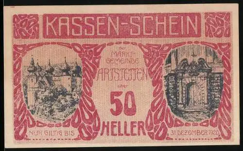 Notgeld Artstetten 1920, 50 Heller, Gebäudeansichten mit dekorativem Rahmen, gültig bis 31. Dezember 1920