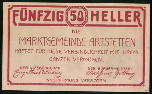 Notgeld Artstetten 1920, 50 Heller, Gebäudeansichten mit dekorativem Rahmen, gültig bis 31. Dezember 1920