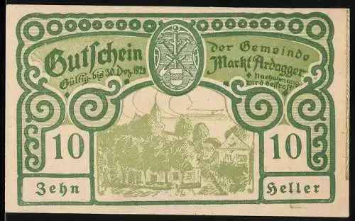 Notgeld Ardagger 1920, 10 Heller, Landschaftsmotiv und Ornamentik