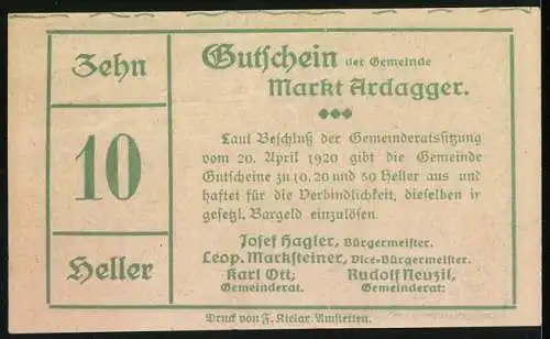 Notgeld Ardagger 1920, 10 Heller, Landschaftsmotiv und Ornamentik