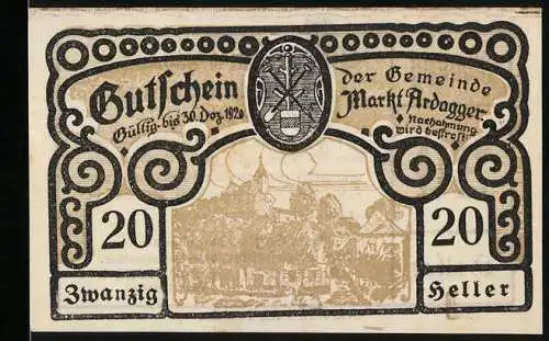 Notgeld Ardagger 1920, 20 Heller, Landschaftsmotiv mit Wappen der Gemeinde