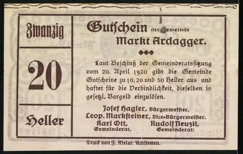 Notgeld Ardagger 1920, 20 Heller, Landschaftsmotiv mit Wappen der Gemeinde