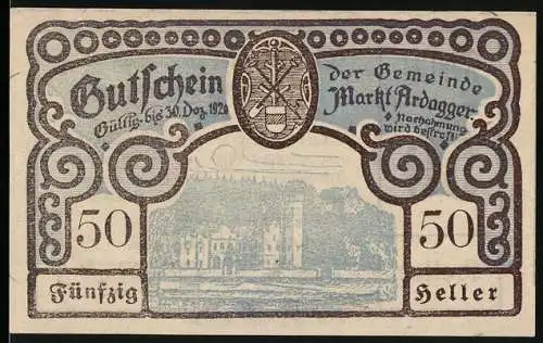 Notgeld Ardagger 1920, 50 Heller, Burg und dekorative Ornamente, Wappen der Gemeinde