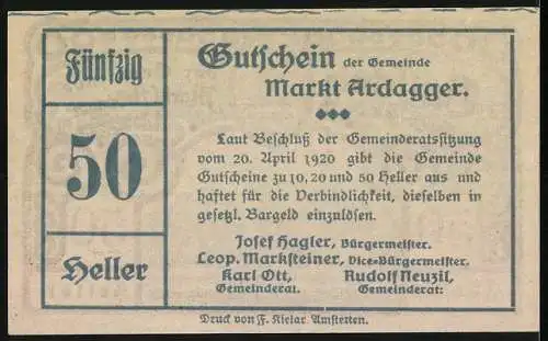 Notgeld Ardagger 1920, 50 Heller, Burg und dekorative Ornamente, Wappen der Gemeinde