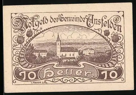 Notgeld Ansfelden 1920, 10 Heller, Stadtansicht mit Kirche und Landschaftsmotiv