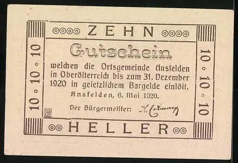 Notgeld Ansfelden 1920, 10 Heller, Stadtansicht mit Kirche und Landschaftsmotiv