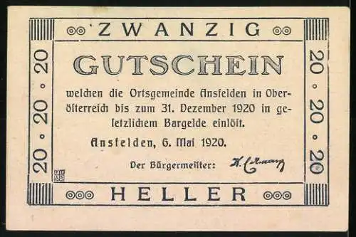 Notgeld Ansfelden 1920, 20 Heller, Unterrichtsgebäude der Landesackerbauschule Ritzlhof