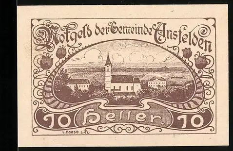 Notgeld Ansfelden 1920, 10 Heller, Dorflandschaft und Textgestaltung