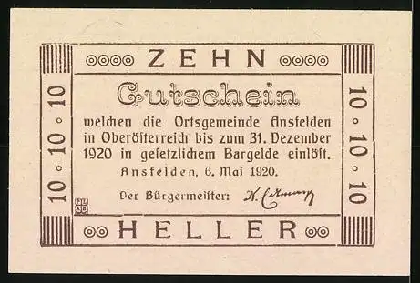 Notgeld Ansfelden 1920, 10 Heller, Dorflandschaft und Textgestaltung