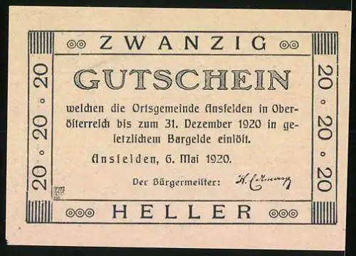 Notgeld Ansfelden 1920, 20 Heller, Unterrichtsgebäude der Landesackerbauschule Ritzlhof