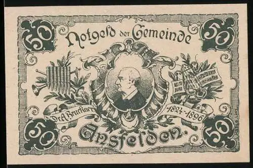 Notgeld Ansfelden 1920, 50 Heller, Porträt von A. Bruckner mit Instrumenten und Gedenktafel