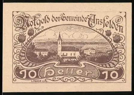 Notgeld Ansfelden 1920, 10 Heller, Landschaft mit Kirche und Gebäuden