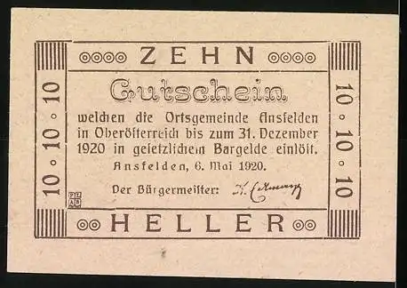 Notgeld Ansfelden 1920, 10 Heller, Landschaft mit Kirche und Gebäuden