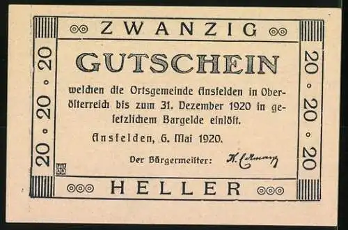 Notgeld Ansfelden 1920, 20 Heller, Gebäude der Landesackerbauschule Ritzlhof, Landarbeiter und Bäuerin