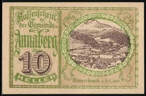 Notgeld Annaberg 1920, 10 Heller, Landschaftsansicht mit Berg und Dorf, Hinweis auf Einlösung bis 15. September 1920