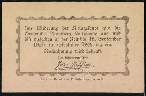 Notgeld Annaberg 1920, 10 Heller, Landschaftsansicht mit Berg und Dorf, Hinweis auf Einlösung bis 15. September 1920