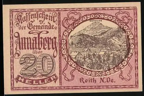 Notgeld Annaberg 1920, 20 Heller, Landschaftsmotiv mit Ort und Gebirge, Hinweis zur Einlösung