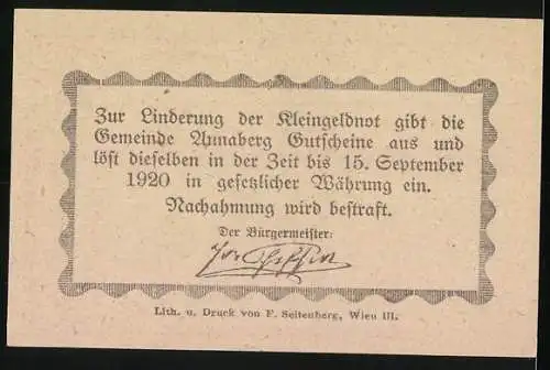 Notgeld Annaberg 1920, 20 Heller, Landschaftsmotiv mit Ort und Gebirge, Hinweis zur Einlösung