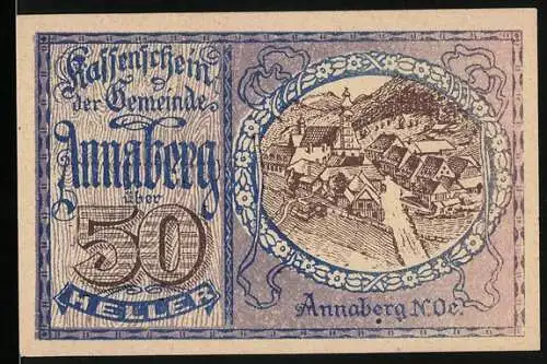 Notgeld Annaberg 1920, 50 Heller, Stadtansicht mit Kirche und Bergen