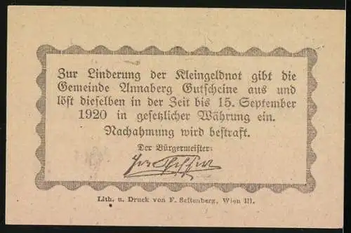 Notgeld Annaberg 1920, 50 Heller, Stadtansicht mit Kirche und Bergen