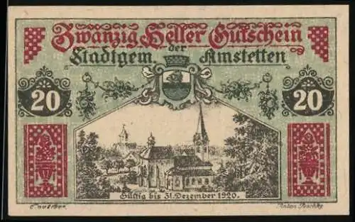 Notgeld Amstetten 1920, 20 Heller, Stadtansicht und Wappen, gültig bis 31. Dezember 1920