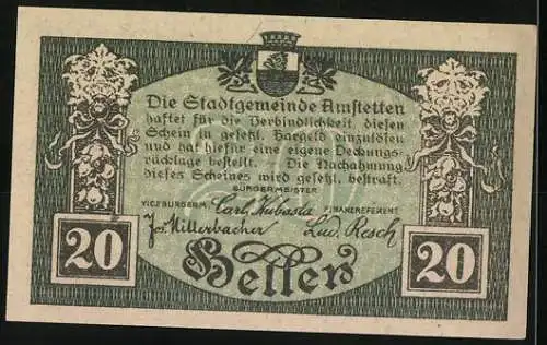 Notgeld Amstetten 1920, 20 Heller, Stadtansicht und Wappen, gültig bis 31. Dezember 1920