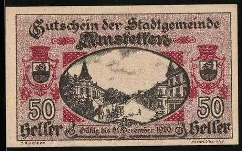 Notgeld Amstetten 1920, 50 Heller, Stadtansicht mit Wappen und Ornamenten