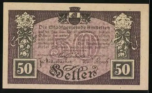 Notgeld Amstetten 1920, 50 Heller, Stadtansicht mit Wappen und Ornamenten