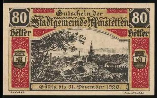 Notgeld Amstetten 1920, 80 Heller, Stadtansicht mit Wappen und Gültigkeitstext