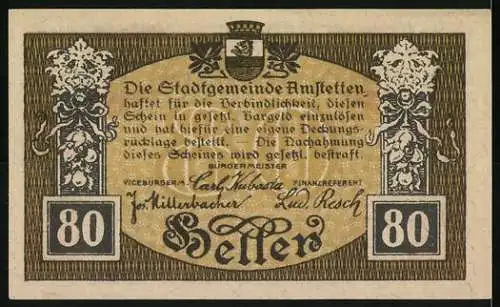 Notgeld Amstetten 1920, 80 Heller, Stadtansicht mit Wappen und Gültigkeitstext