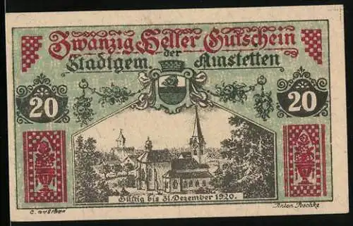 Notgeld Amstetten 1920, 20 Heller, Stadtansicht und Wappen, gültig bis 31. Dezember 1920