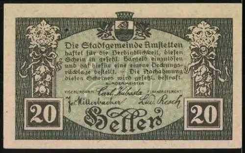 Notgeld Amstetten 1920, 20 Heller, Stadtansicht und Wappen, gültig bis 31. Dezember 1920