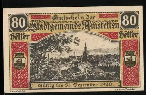 Notgeld Amstetten 1920, 80 Heller, Stadtansicht mit Wappen und Verzierungen