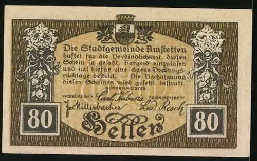 Notgeld Amstetten 1920, 80 Heller, Stadtansicht mit Wappen und Verzierungen