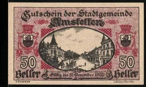 Notgeld Amstetten 1920, 50 Heller, Stadtansicht und Wappen, Gültigkeit bis 31. Dezember 1920