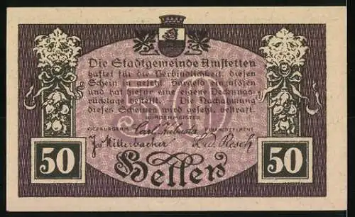 Notgeld Amstetten 1920, 50 Heller, Stadtansicht und Wappen, Gültigkeit bis 31. Dezember 1920