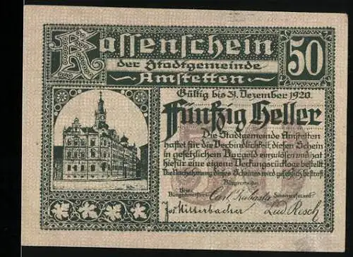 Notgeld Amstetten 1920, 50 Heller, Rathaus und Stadtwappen, gültig bis 31. Dezember 1920