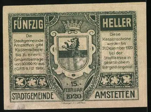 Notgeld Amstetten 1920, 50 Heller, Rathaus und Stadtwappen, gültig bis 31. Dezember 1920