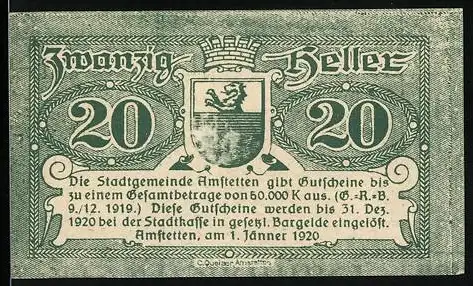 Notgeld Amstetten 1920, 20 Heller, mit Stadtwappen und Text über Einlösung der Gutscheine