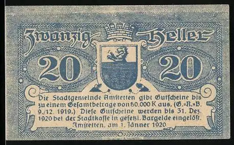 Notgeld Amstetten 1920, 20 Heller, Wappen und Text, blaue Gestaltung