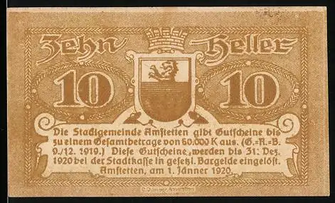 Notgeld Amstetten 1920, 10 Heller, Stadtwappen mit Löwe und Textdetails