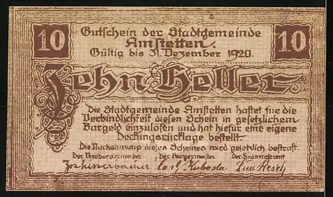 Notgeld Amstetten 1920, 10 Heller, Stadtwappen mit Löwe und Textdetails