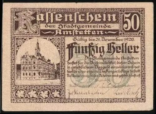 Notgeld Amstetten 1920, 50 Heller, Stadtansicht und Wappen der Stadtgemeinde Amstetten