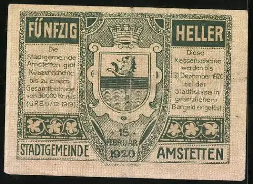 Notgeld Amstetten 1920, 50 Heller, Stadtansicht und Wappen der Stadtgemeinde Amstetten