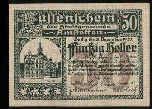 Notgeld Amstetten 1920, 50 Heller, Rathaus und Wappen, gültig bis 31. Dezember 1920