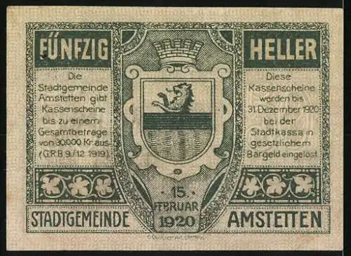 Notgeld Amstetten 1920, 50 Heller, Rathaus und Wappen, gültig bis 31. Dezember 1920