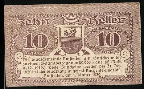 Notgeld Amstetten 1920, 10 Heller, Wappen und dekorative Schriftzüge