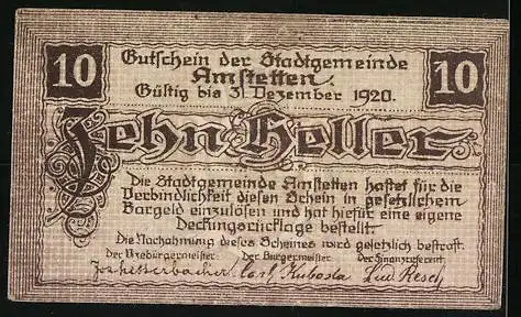 Notgeld Amstetten 1920, 10 Heller, Wappen und dekorative Schriftzüge