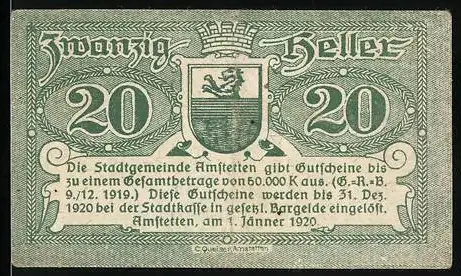 Notgeld Amstetten 1920, 20 Heller, Stadtwappen mit Löwe, Gültigkeit bis 31. Dezember 1920